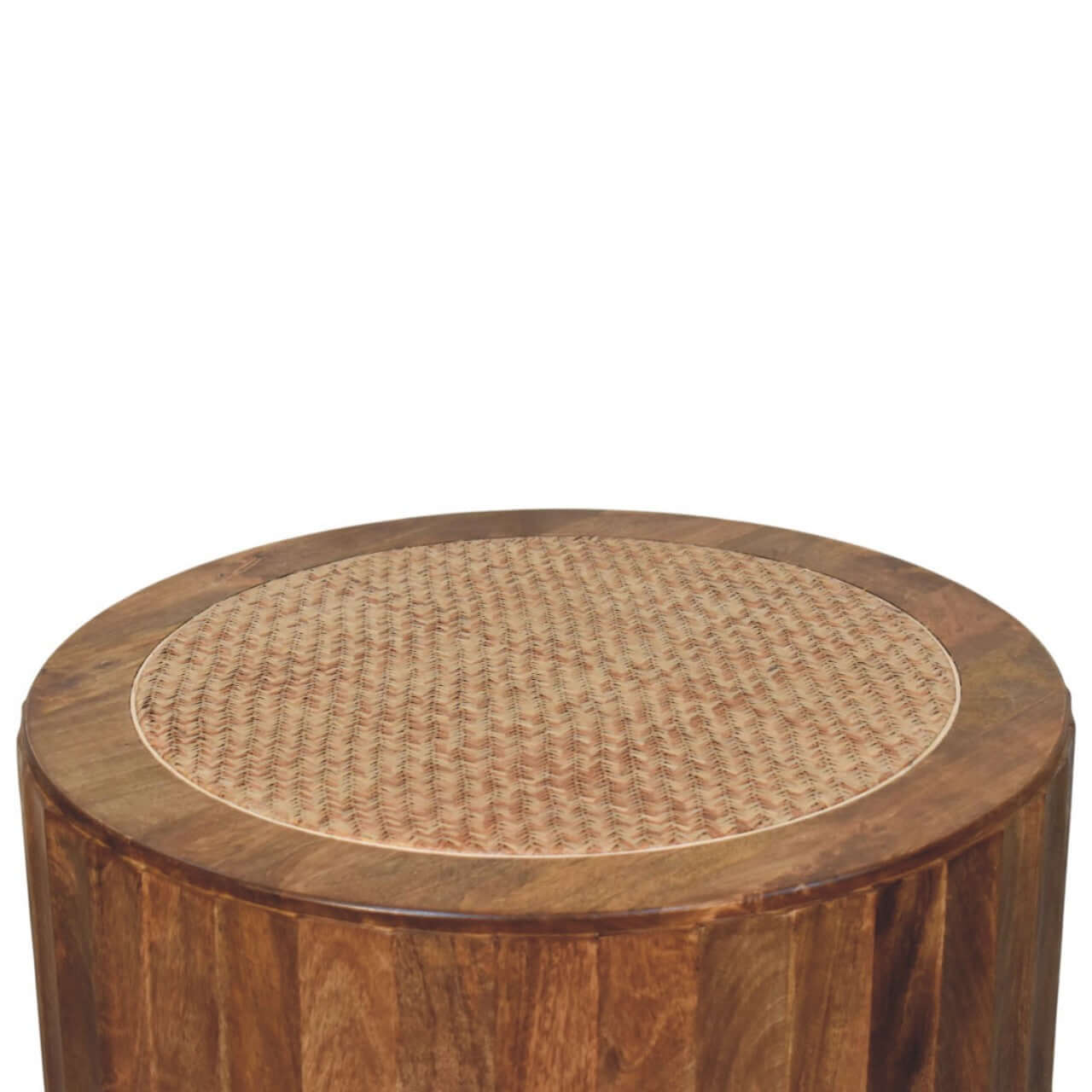Rivera Solid Mango Wood Rattan Coffee Table – 31.5” Round Artisan Coffee Table (Golden Teak) with unique texture.