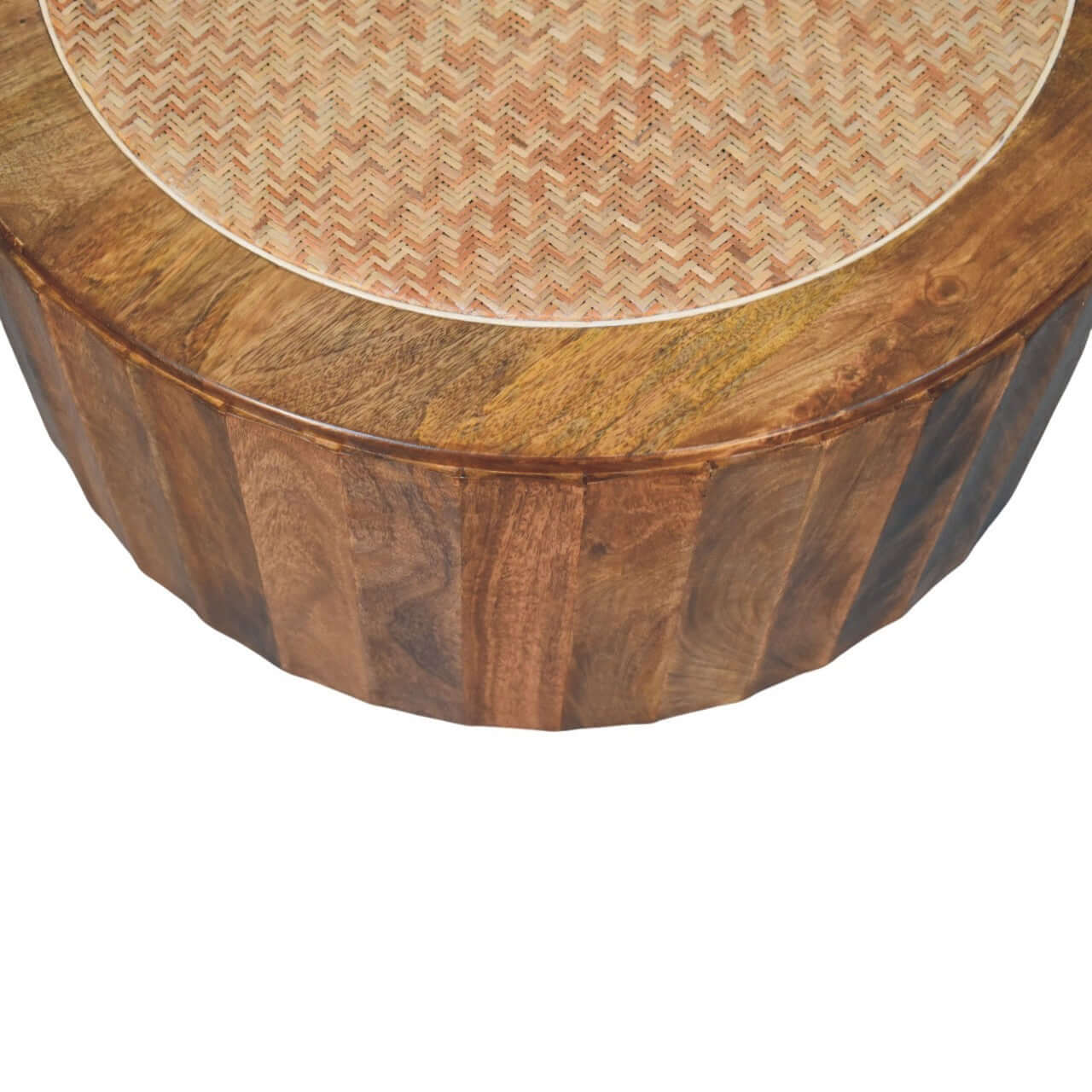 Rivera Solid Mango Wood Rattan Coffee Table – 31.5” Round Artisan Coffee Table (Golden Teak) with handcrafted texture