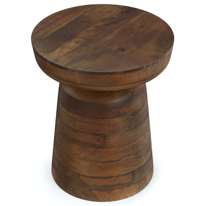 Robbie Wood Accent End Table showcasing sculptural design and rich natural wood finish, handcrafted from solid mango hardwood.