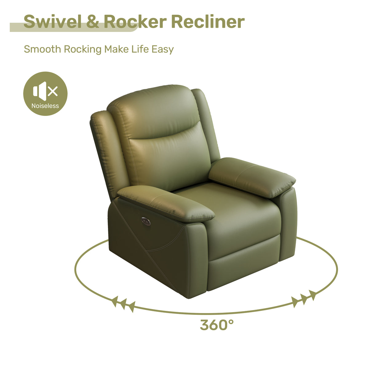 Rocker Recliner Chair with USB Charging Port, 360° Swivel Recliner Sofa, Oversized Electric Reclining Sofa for Adults, nursing chair with Overstuffed Cushion and Back( GREEN) – view 3