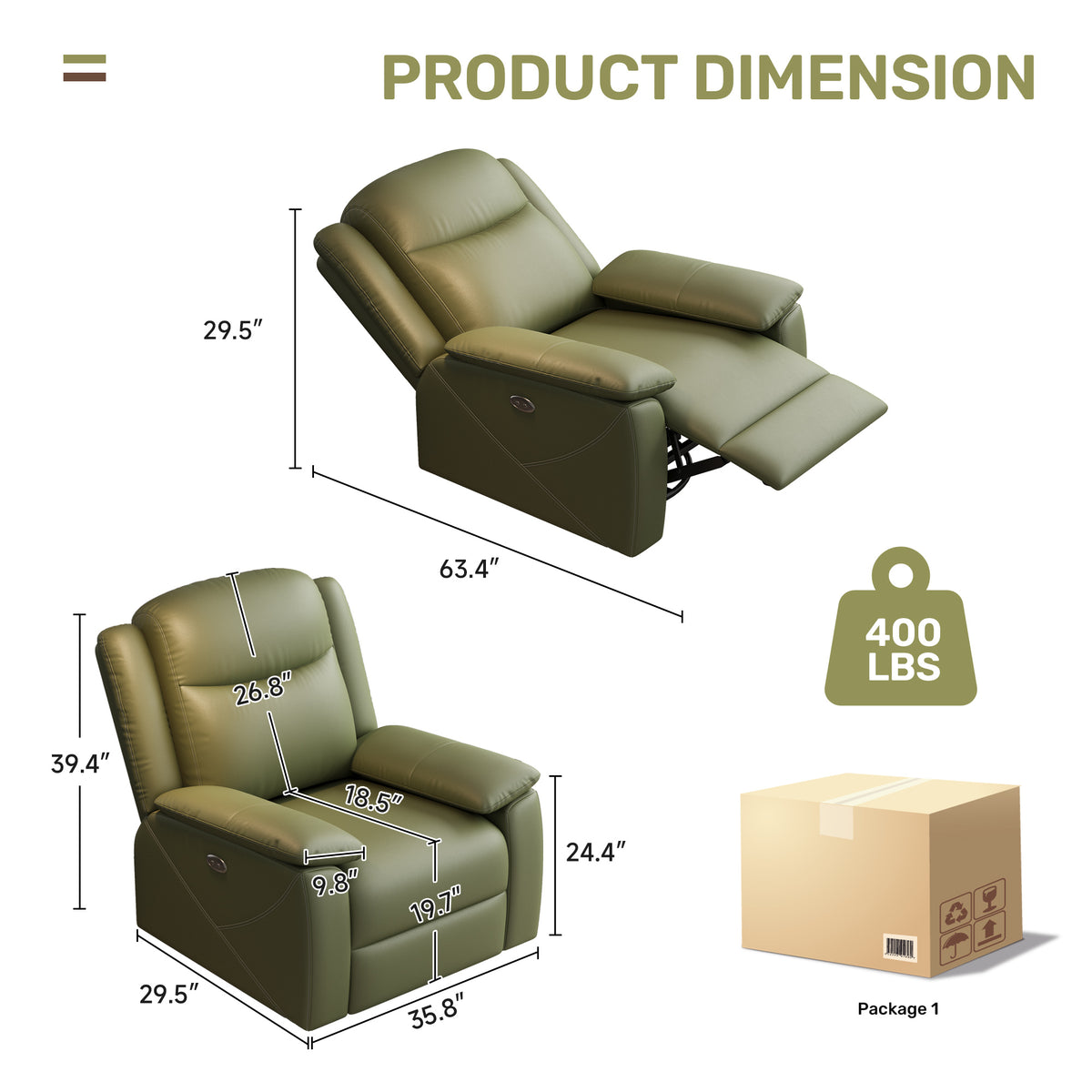 Rocker Recliner Chair with USB Charging Port, 360° Swivel Recliner Sofa, Oversized Electric Reclining Sofa for Adults, nursing chair with Overstuffed Cushion and Back( GREEN) – view 4