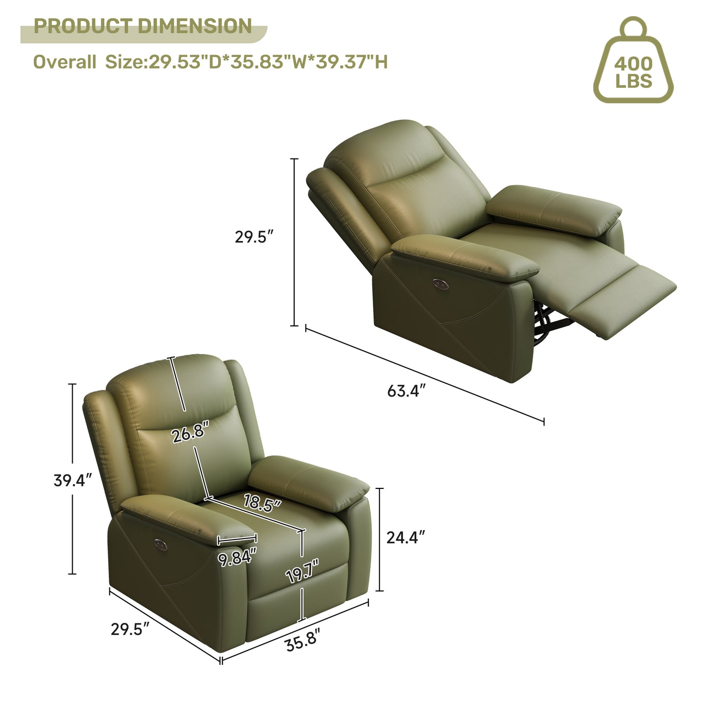 Rocker Recliner Chair with USB Charging Port, 360° Swivel Recliner Sofa, Oversized Electric Reclining Sofa for Adults, nursing chair with Overstuffed Cushion and Back( GREEN) – view 5