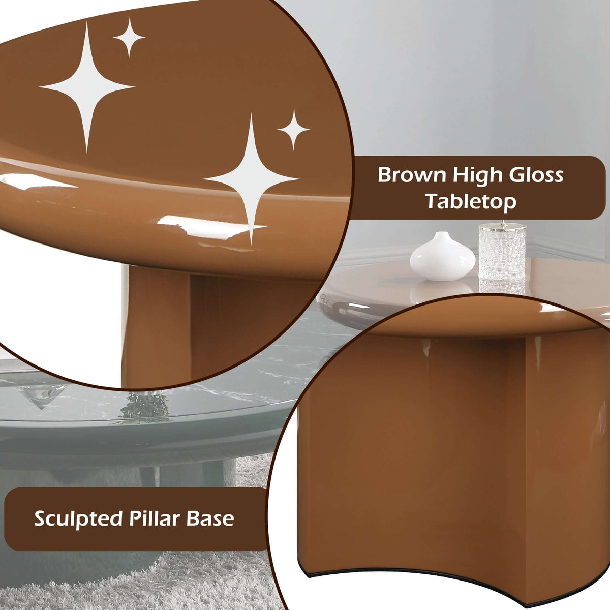 Ronald Brown High Gloss End Table 28"W showcasing brown high gloss tabletop and sculpted pillar base.