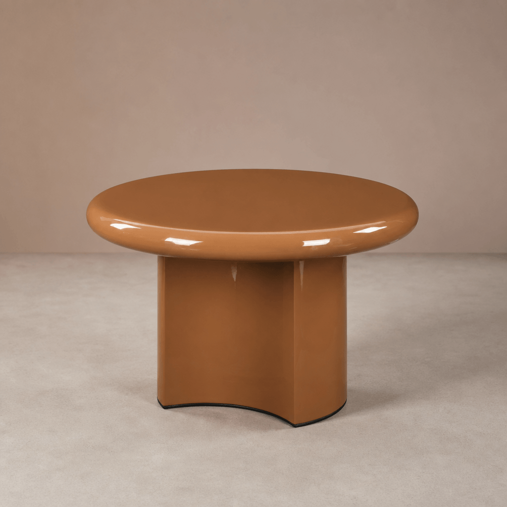 Ronald Brown High Gloss End Table 28"W with sleek brown finish and contemporary round design