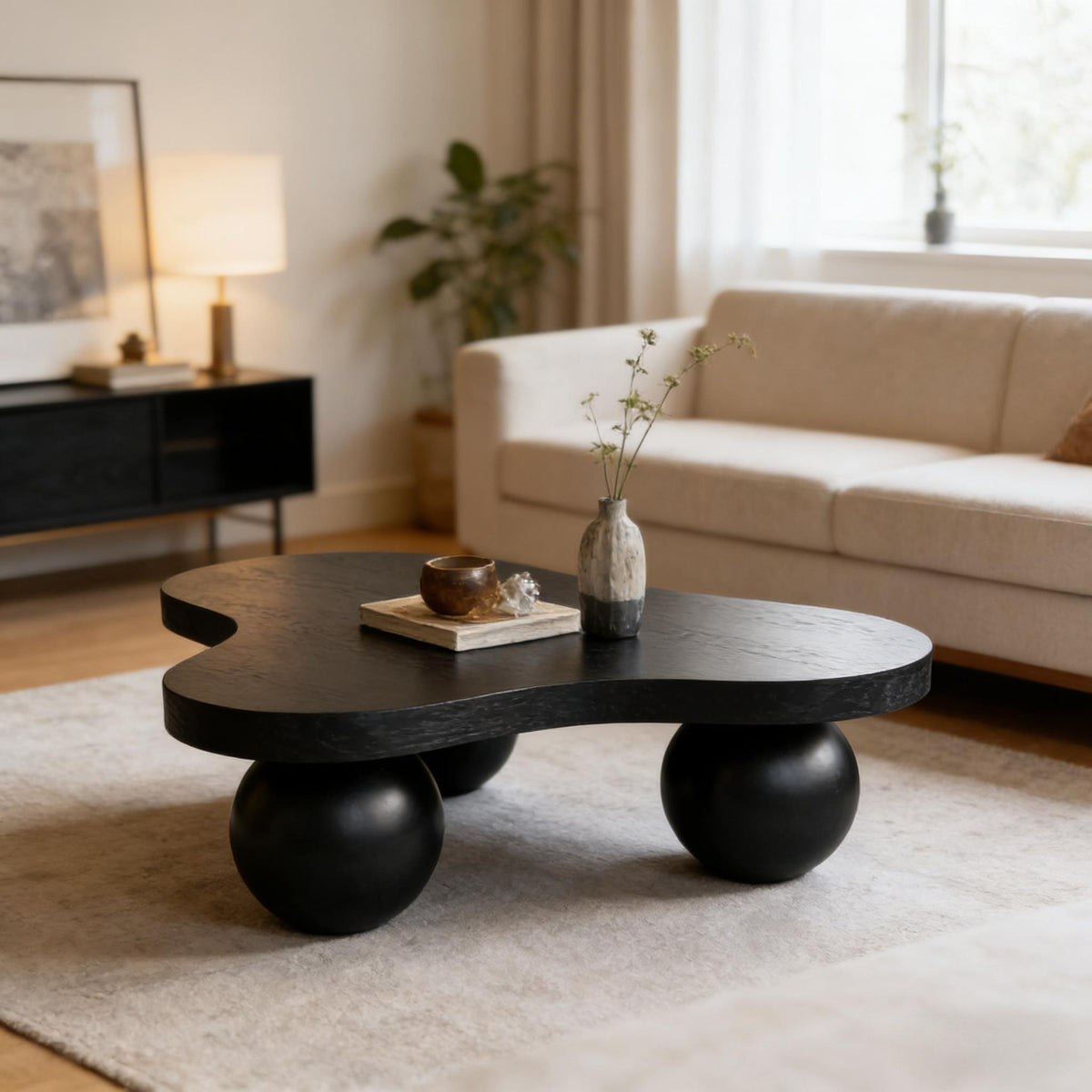 Rosalind Cloud-Shape Coffee Table – 46" Black Ball-Leg Accent Table – view 2