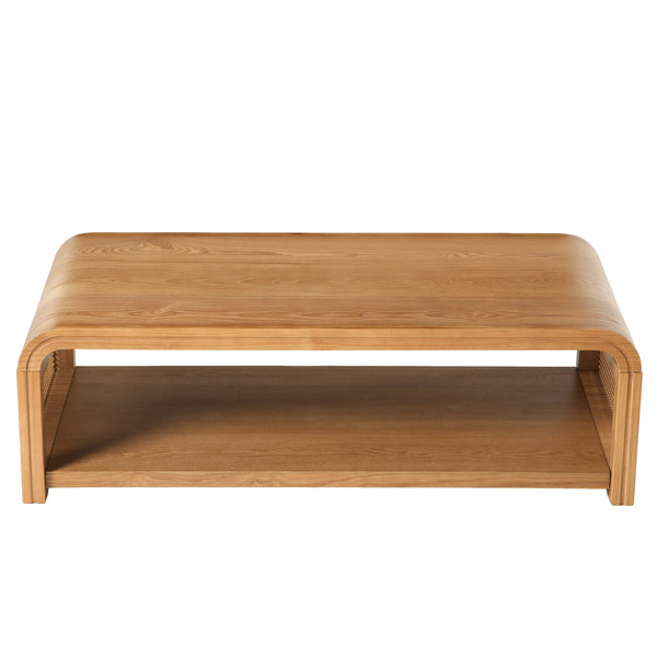 Rosalind Curved Coffee Table with Rattan Sides – 2-Tier Storage, Boho Farmhouse