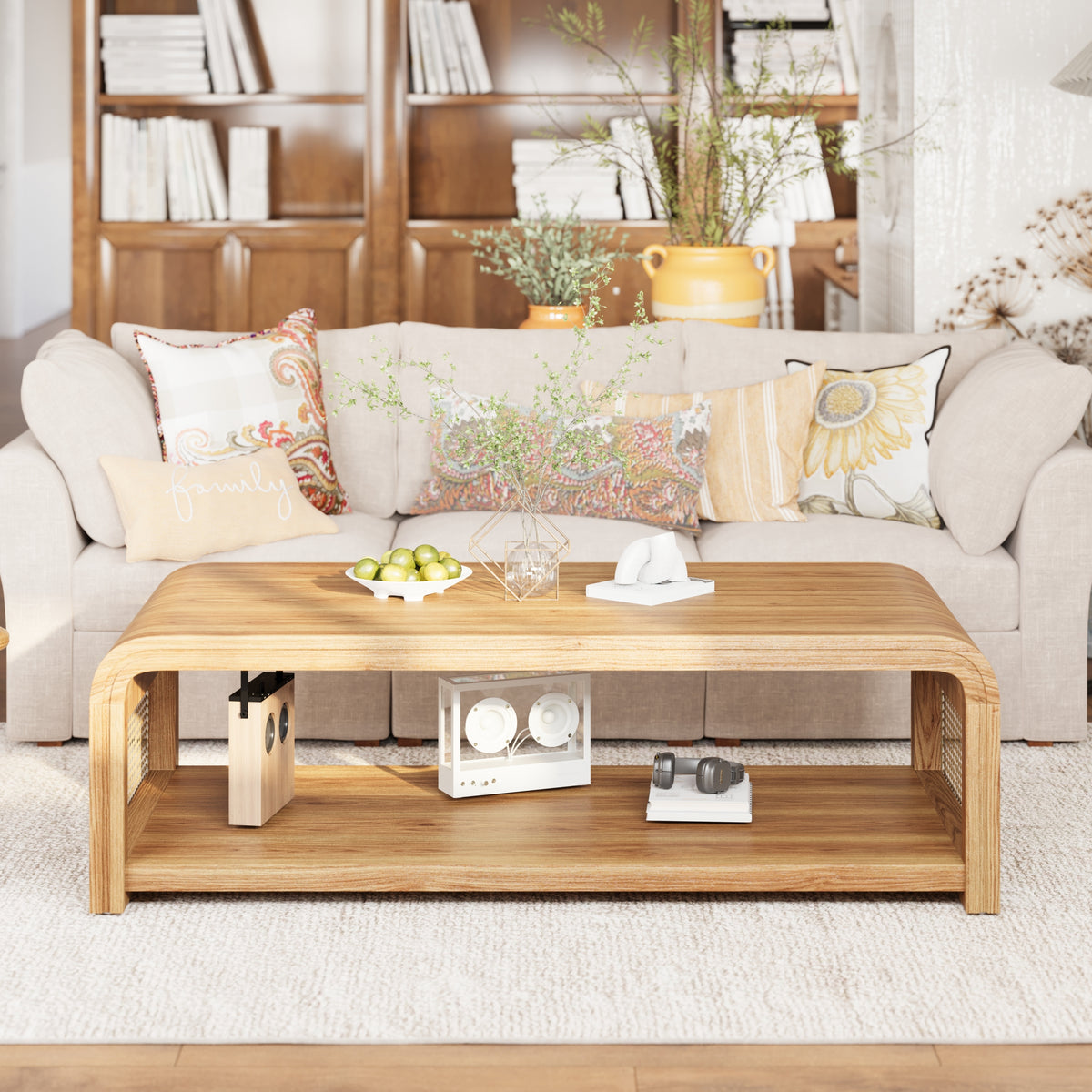 Rosalind Curved Coffee Table with Rattan Sides – 2-Tier Storage, Boho Farmhouse – view 2