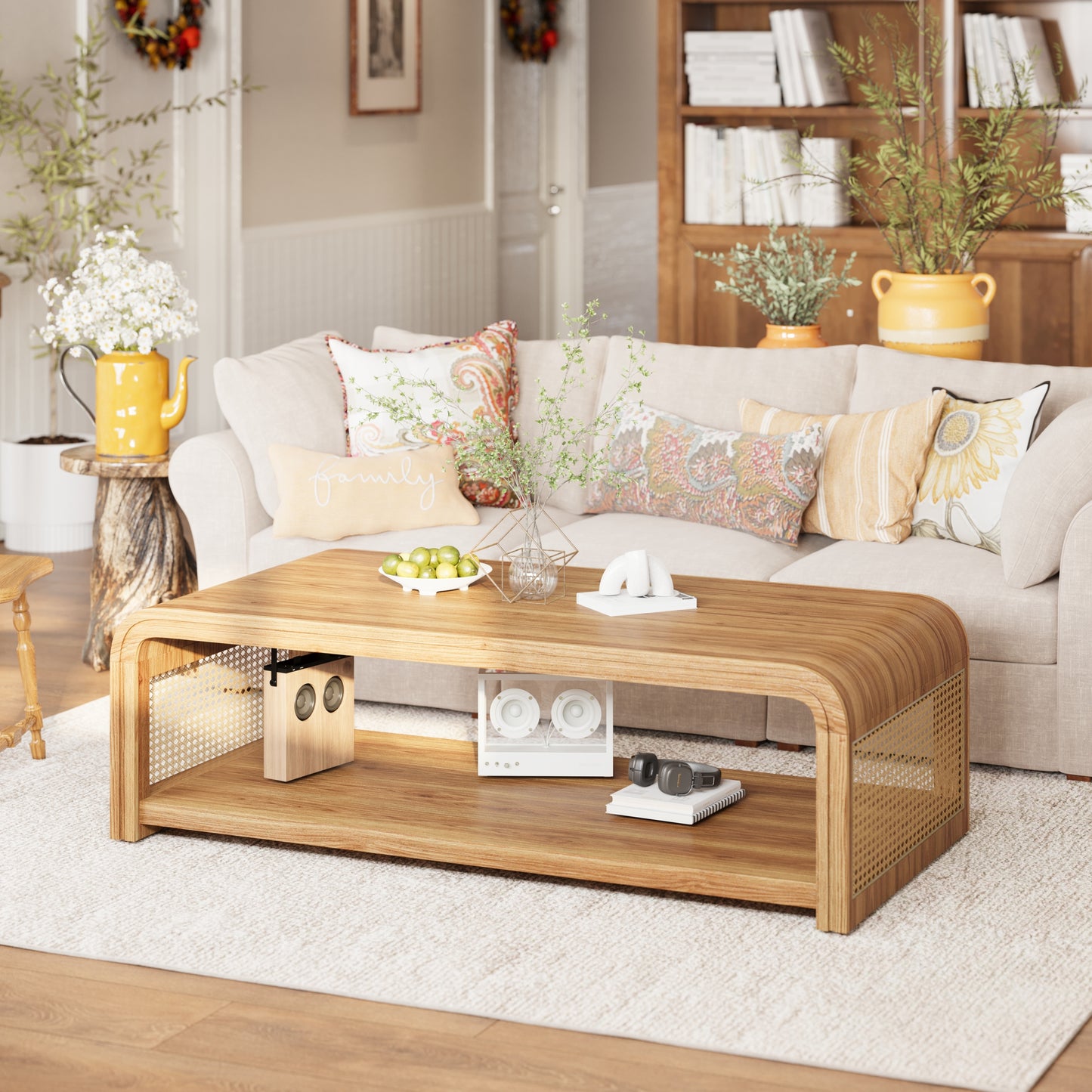 Rosalind Curved Coffee Table with Rattan Sides – 2-Tier Storage, Boho Farmhouse – view 3