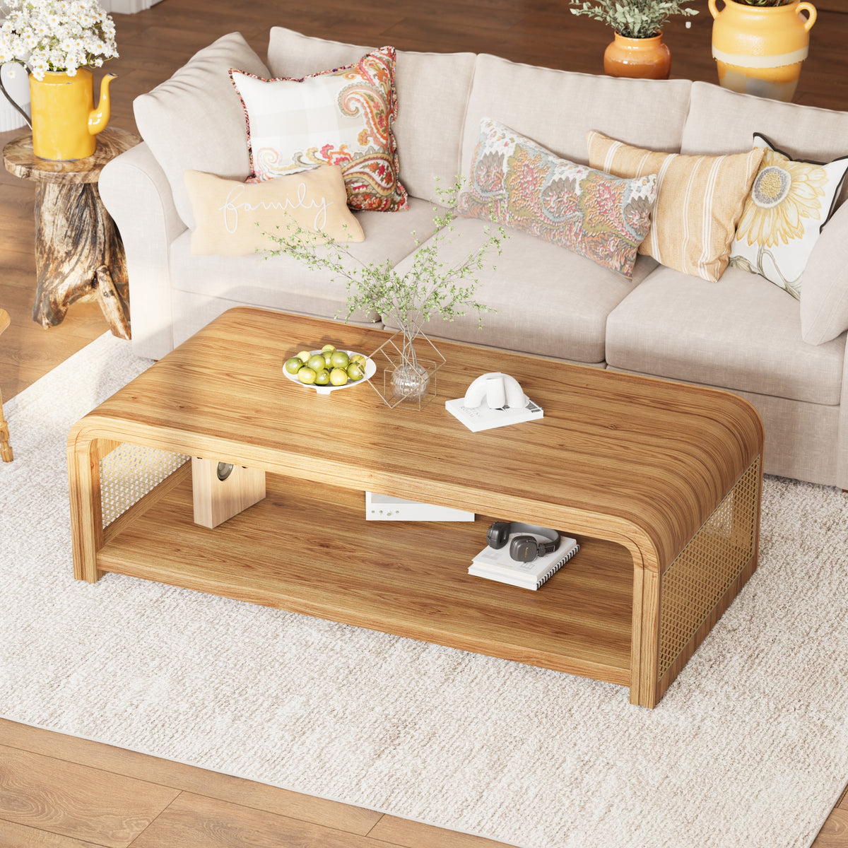 Rosalind Curved Coffee Table with Rattan Sides – 2-Tier Storage, Boho Farmhouse – view 4