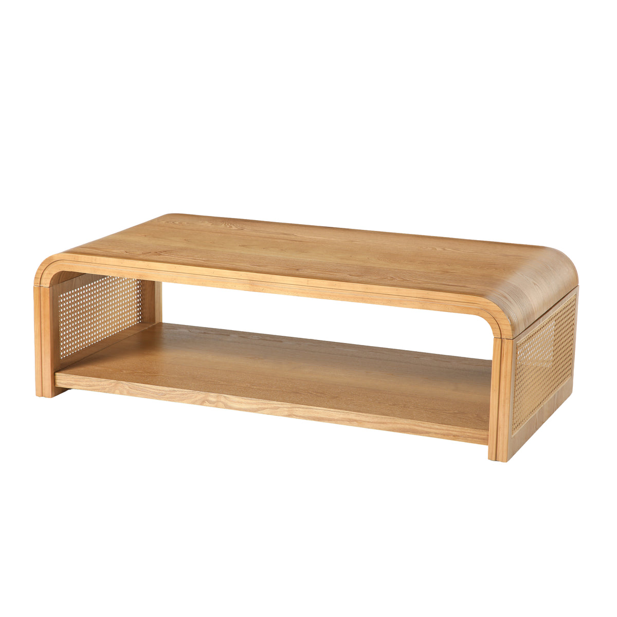 Rosalind Curved Coffee Table with Rattan Sides – 2-Tier Storage, Boho Farmhouse – view 5
