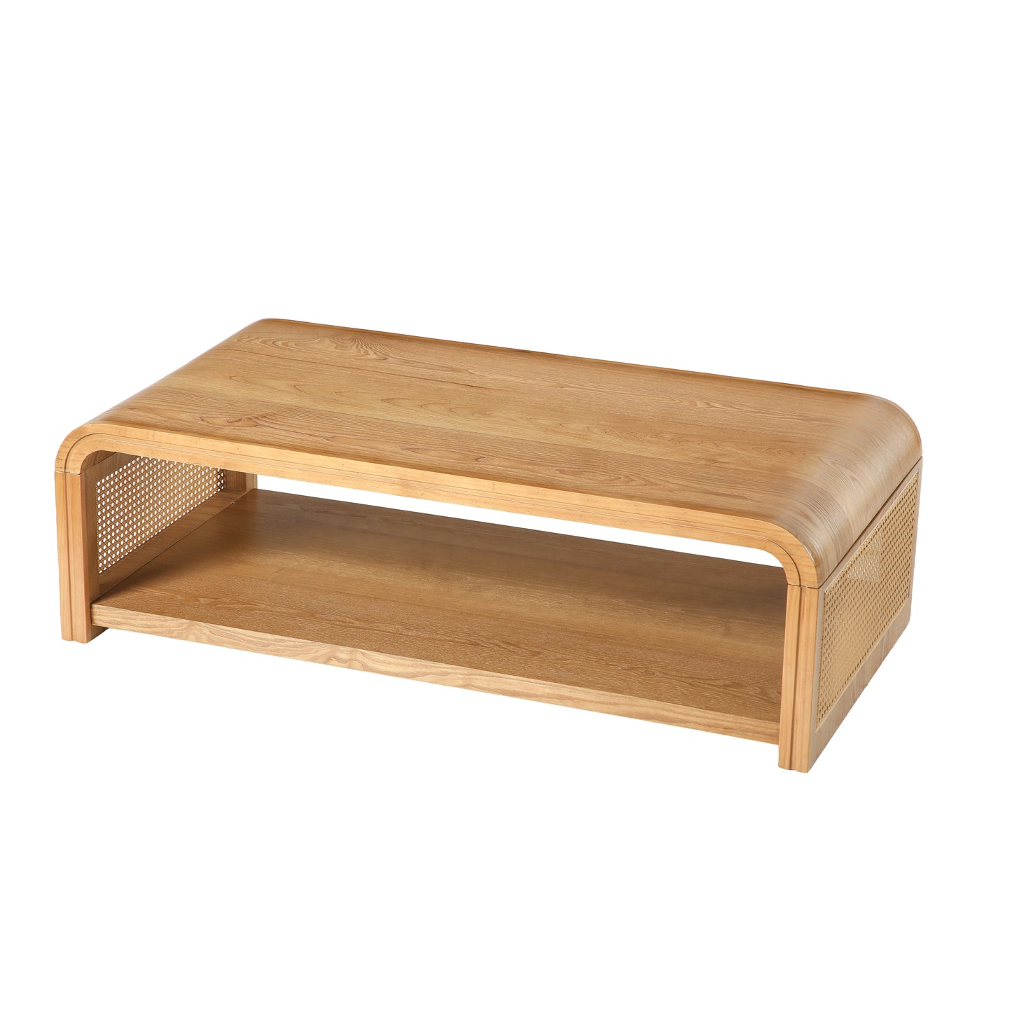 Rosalind Curved Coffee Table with Rattan Sides – 2-Tier Storage, Boho Farmhouse – view 6