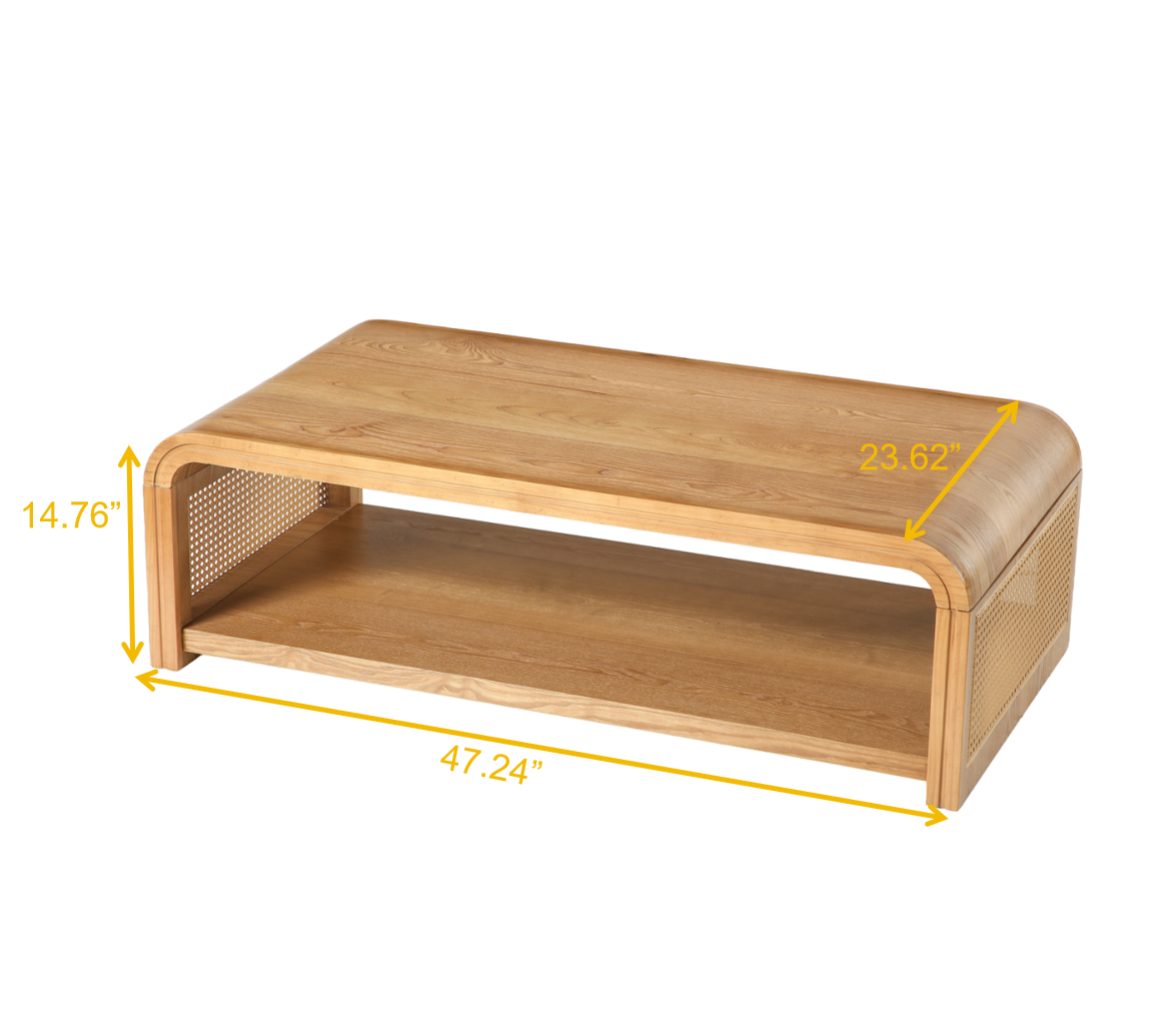 Rosalind Curved Coffee Table with Rattan Sides – 2-Tier Storage, Boho Farmhouse – view 7