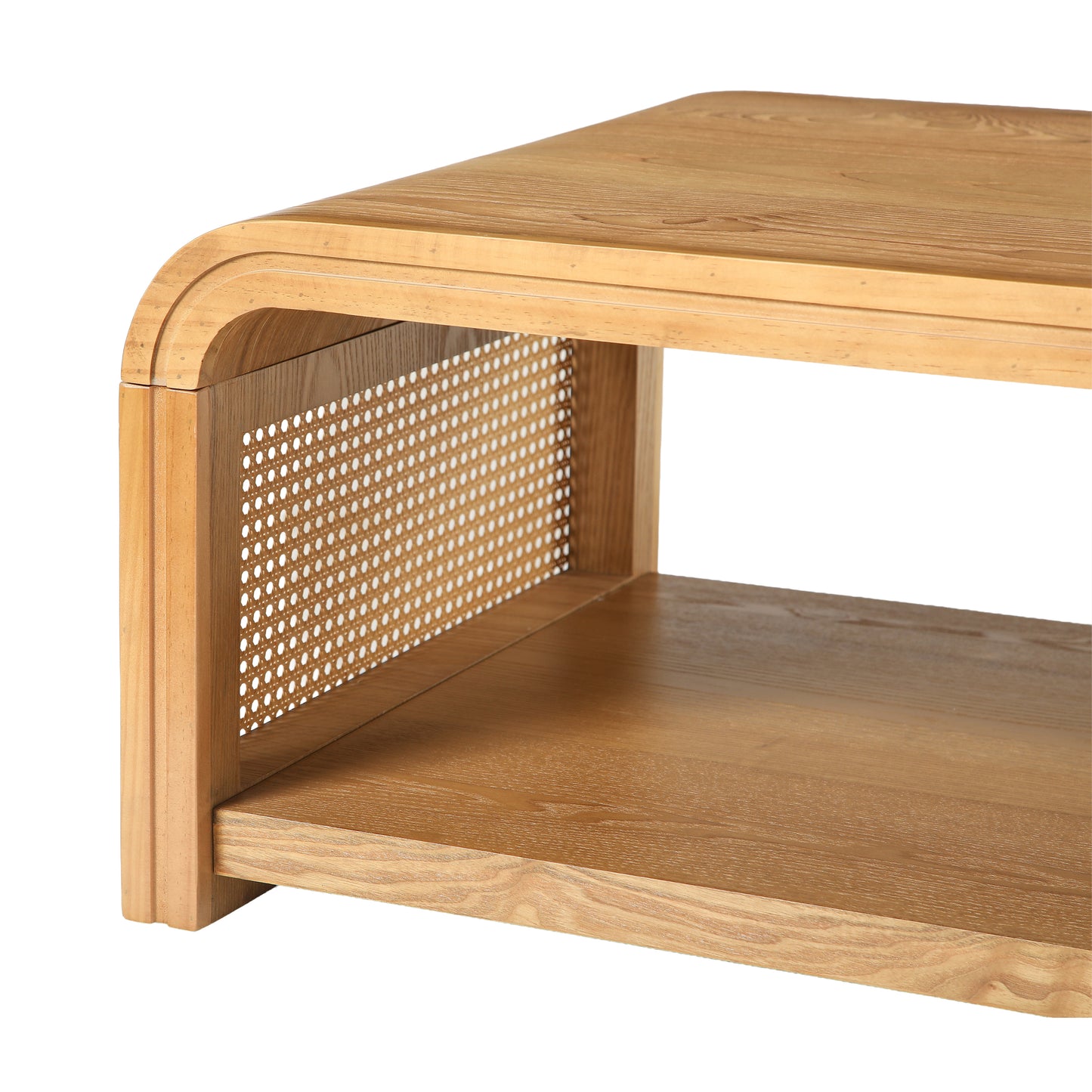Rosalind Curved Coffee Table with Rattan Sides – 2-Tier Storage, Boho Farmhouse – view 8