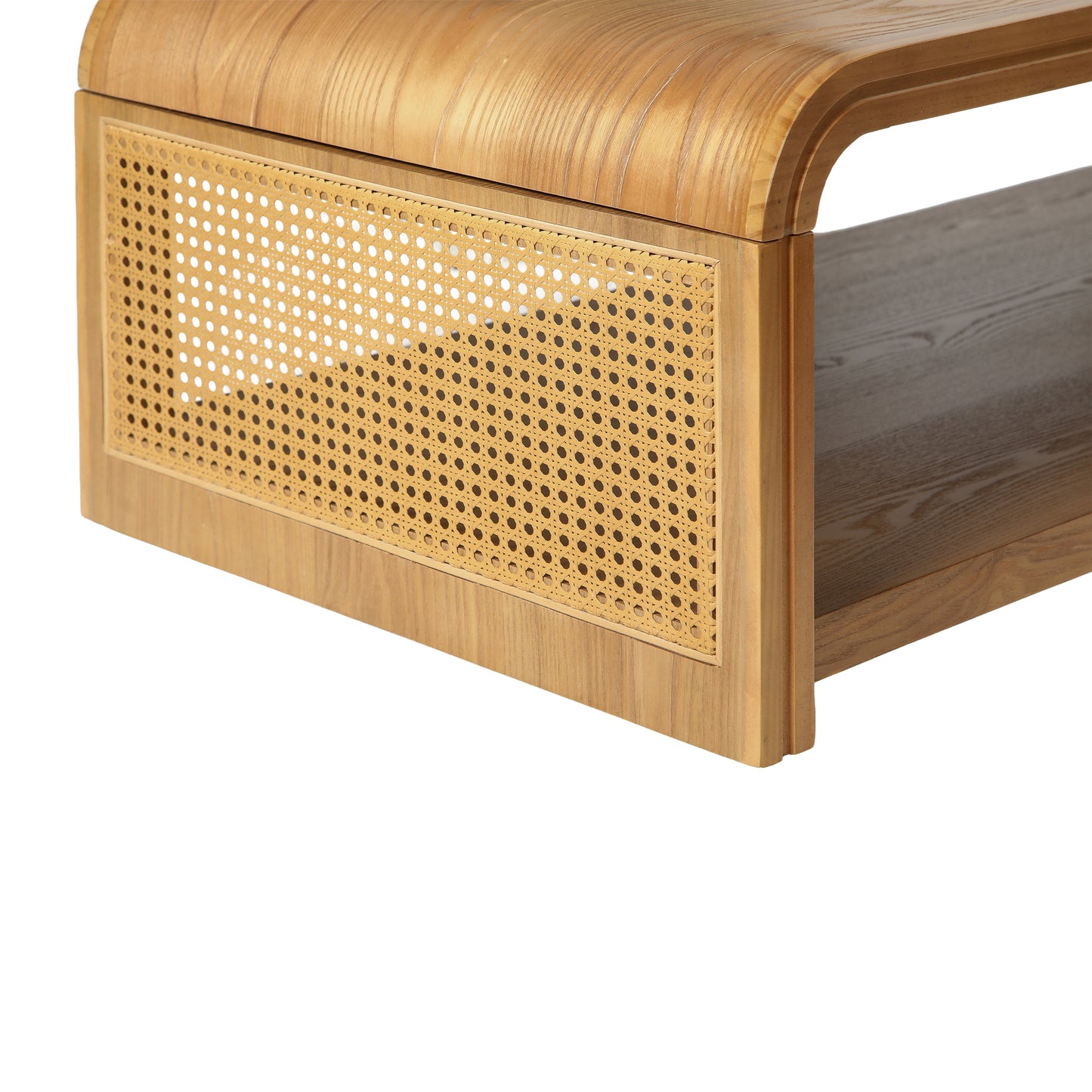Rosalind Curved Coffee Table with Rattan Sides – 2-Tier Storage, Boho Farmhouse – view 9