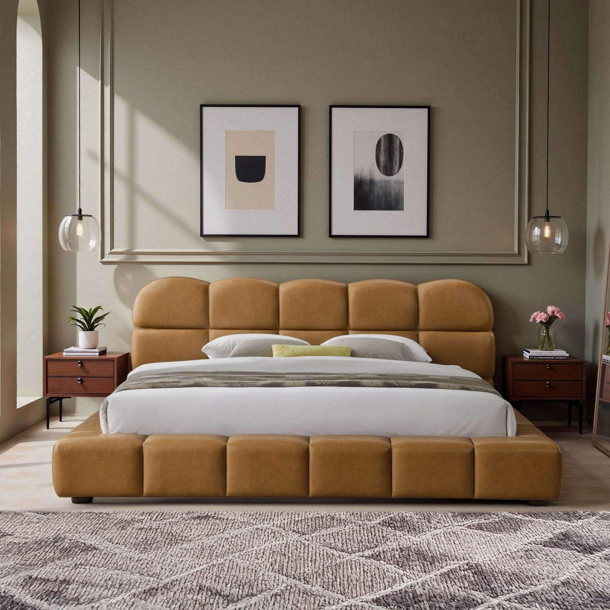 Roswell Vegan Leather Platform Bed – Biscuit Tufted Headboard (Queen / King, Tan) in modern bedroom setting.