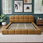 Roswell Vegan Leather Platform Bed – Biscuit Tufted Headboard (Queen / King, Tan) in a stylish bedroom setting.