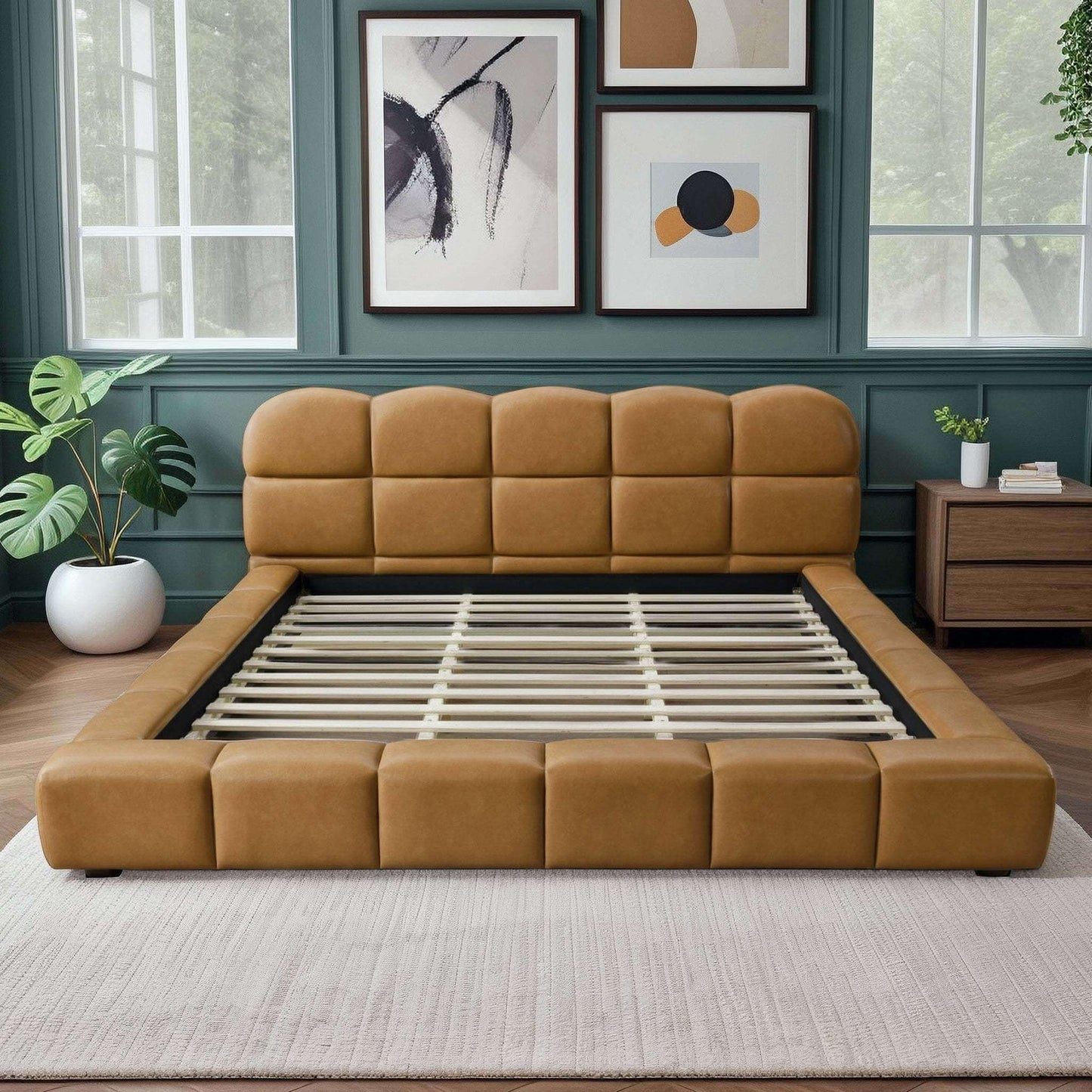Roswell Vegan Leather Platform Bed – Biscuit Tufted Headboard (Queen / King, Tan) in a stylish bedroom setting.
