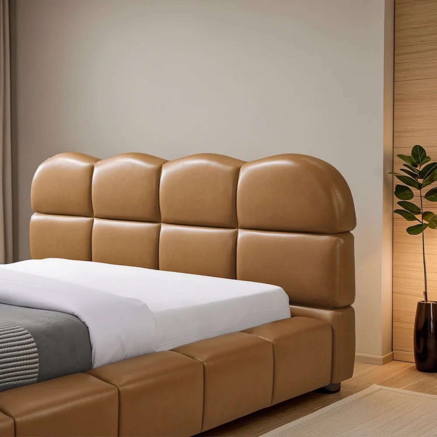 Roswell Vegan Leather Platform Bed – Biscuit Tufted Headboard (Queen / King, Tan) in modern bedroom setting.