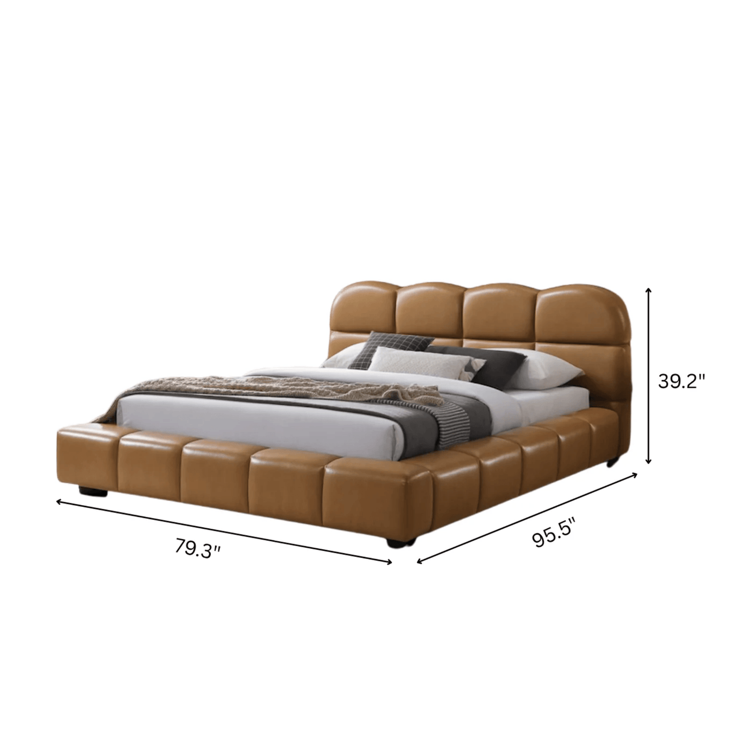 Roswell Vegan Leather Platform Bed – Biscuit Tufted Headboard (Queen / King, Tan) showcasing modern design and dimensions.