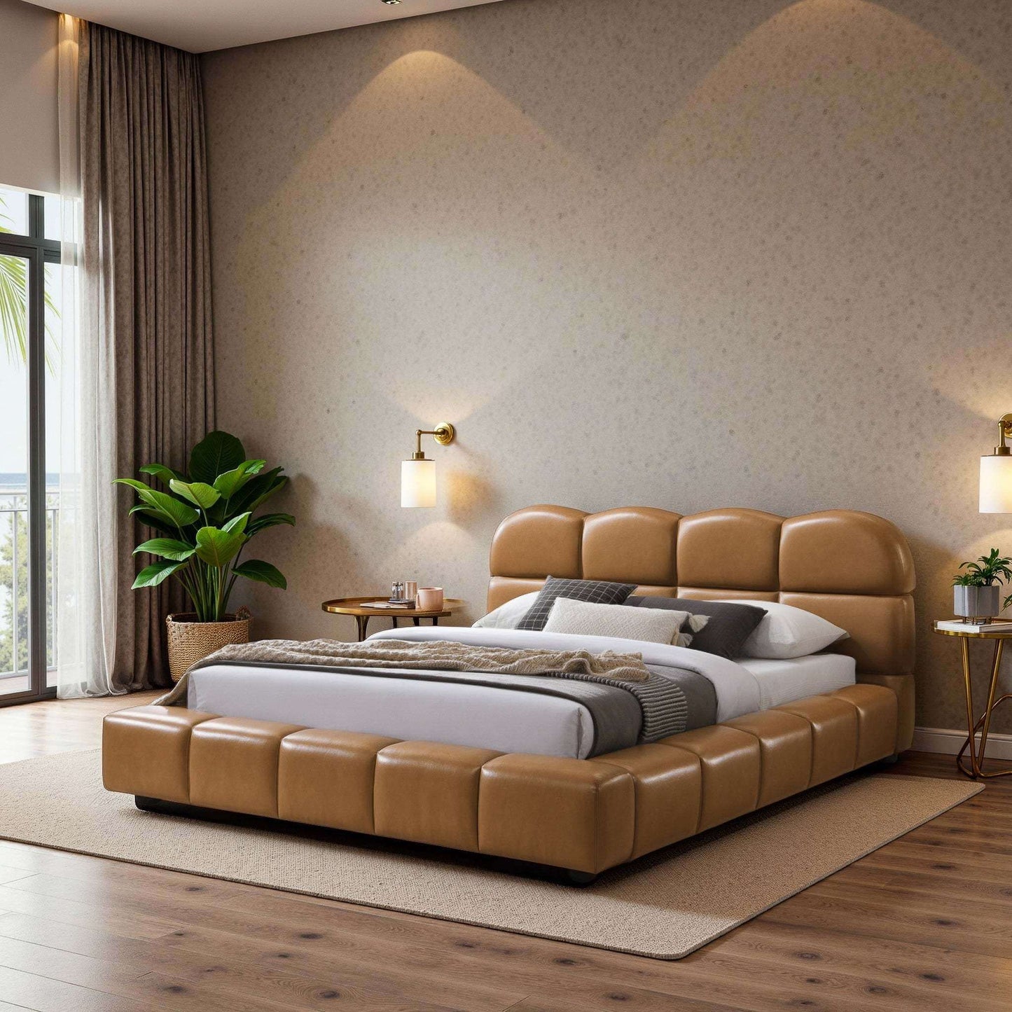 Roswell Vegan Leather Platform Bed – Biscuit Tufted Headboard (Queen / King, Tan) in modern bedroom setting.
