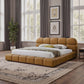 Roswell Vegan Leather Platform Bed – Biscuit Tufted Headboard (Queen / King, Tan) in a modern bedroom setting.