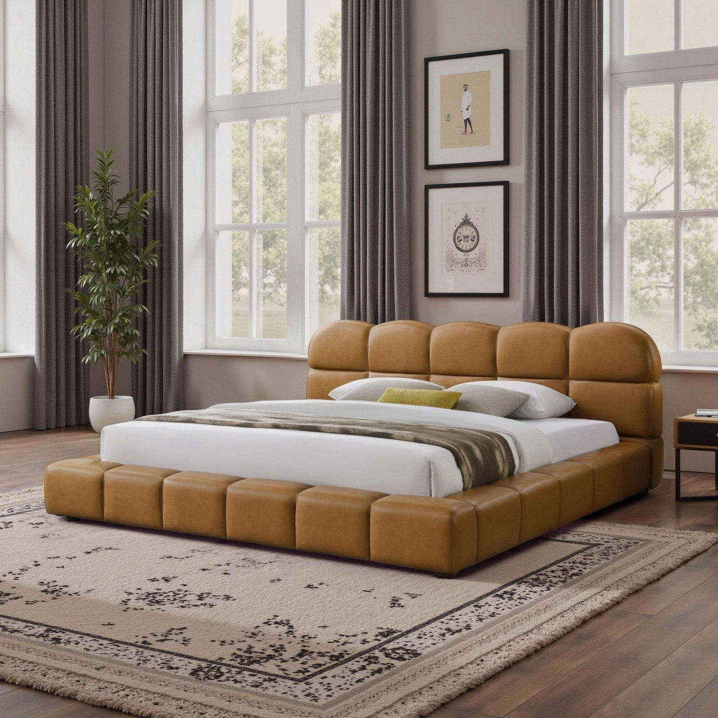 Roswell Vegan Leather Platform Bed – Biscuit Tufted Headboard (Queen / King, Tan) in a modern bedroom setting.