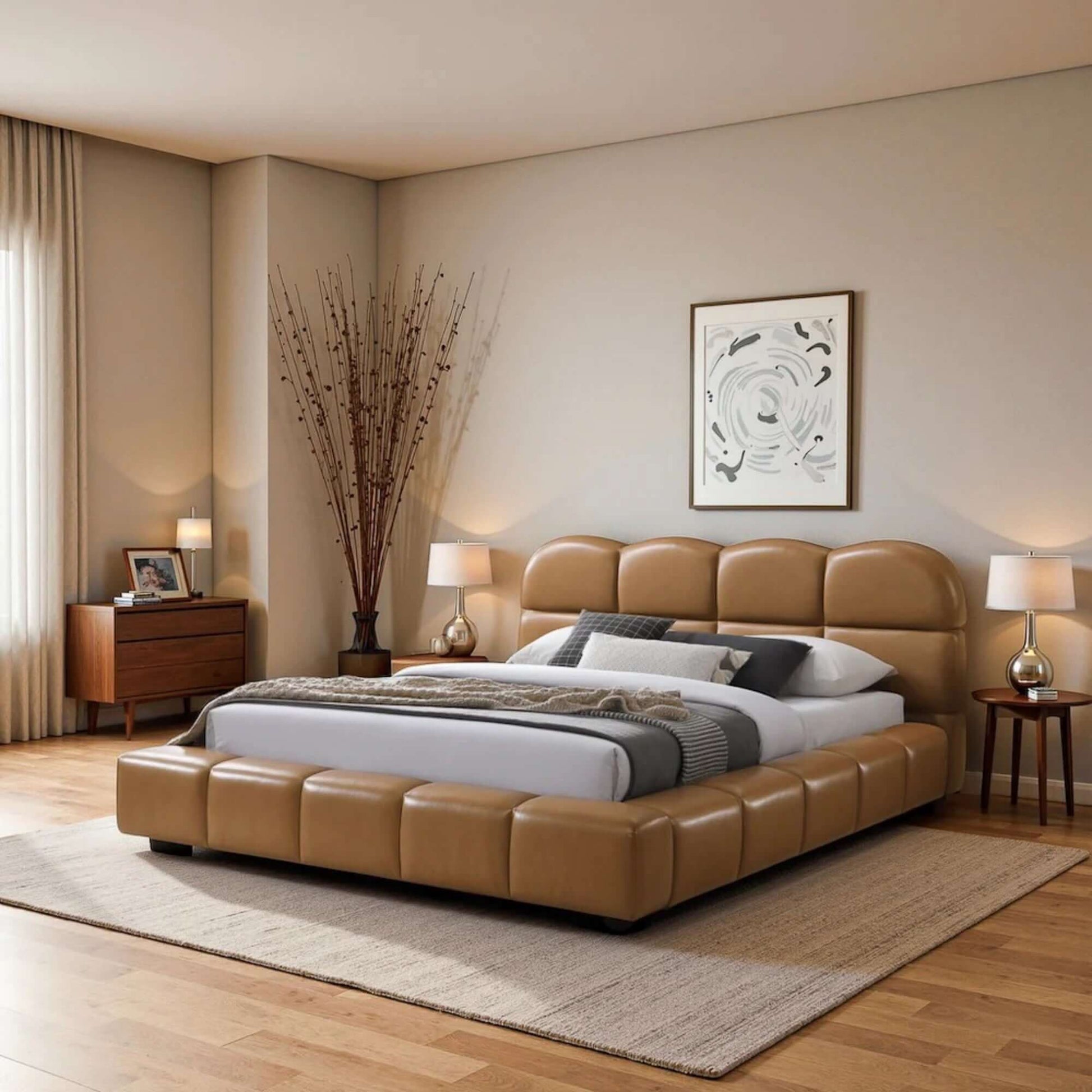 Roswell Vegan Leather Platform Bed – Biscuit Tufted Headboard (Queen / King, Tan) in a modern bedroom setting.