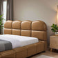 Roswell Vegan Leather Platform Bed – Biscuit Tufted Headboard (Queen / King, Tan) in a modern bedroom setting.