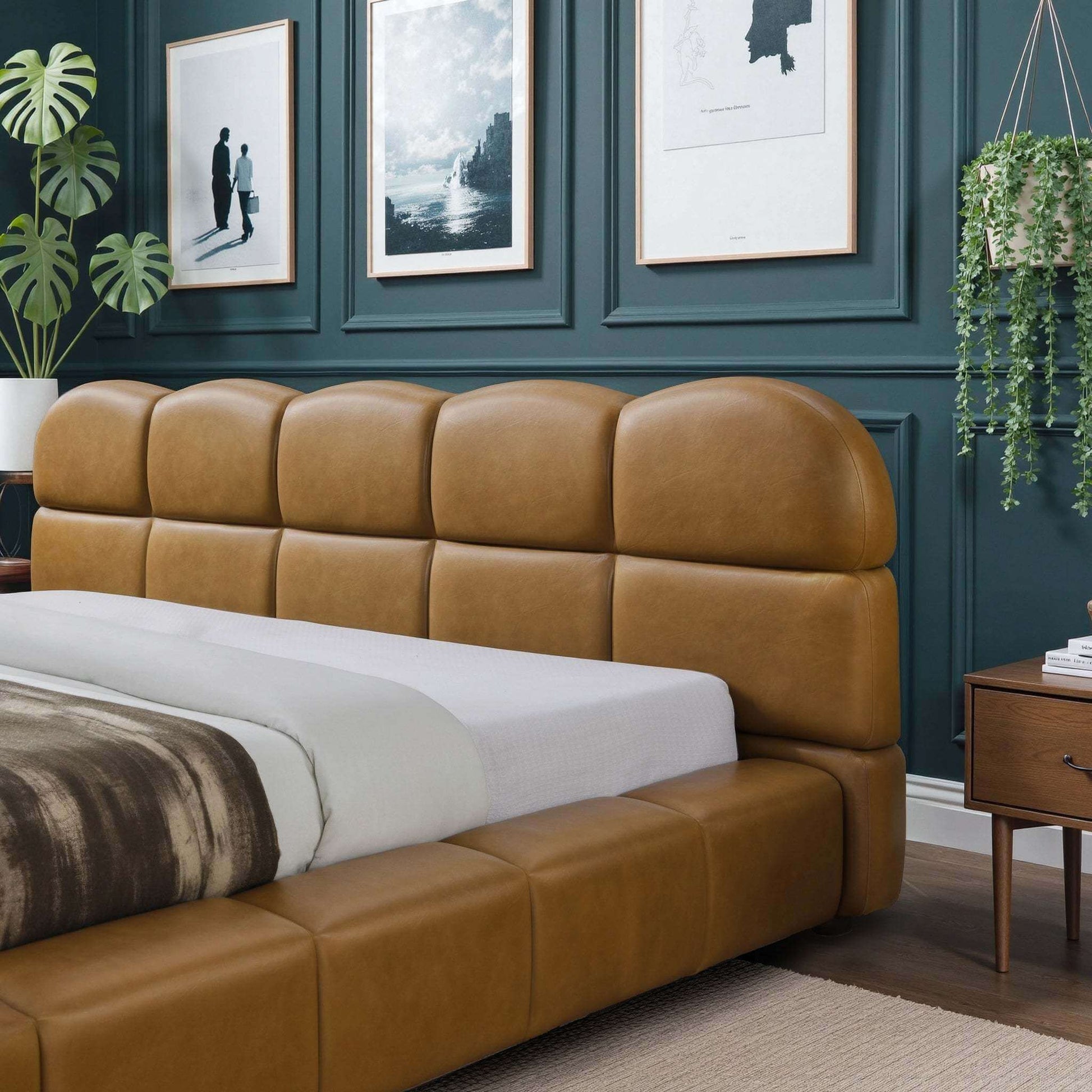 Roswell Vegan Leather Platform Bed – Biscuit Tufted Headboard (Queen / King, Tan) featuring a modern design and tufted headboard.