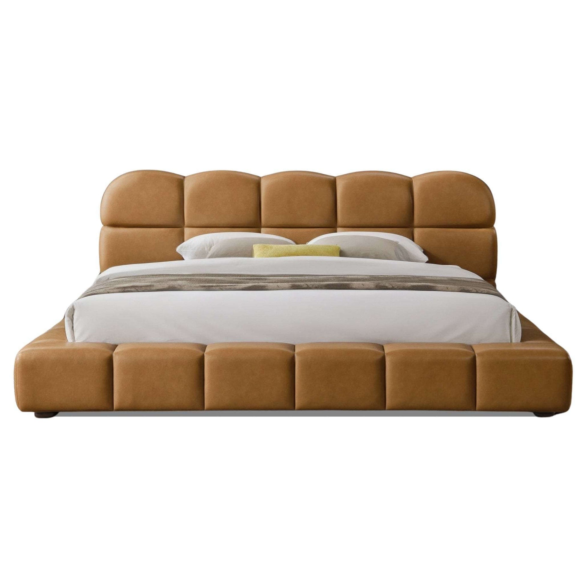 Roswell Vegan Leather Platform Bed – Biscuit Tufted Headboard (Queen / King, Tan) with modern design and comfort.