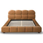 Roswell Vegan Leather Platform Bed – Biscuit Tufted Headboard (Queen / King, Tan) with wooden slats.