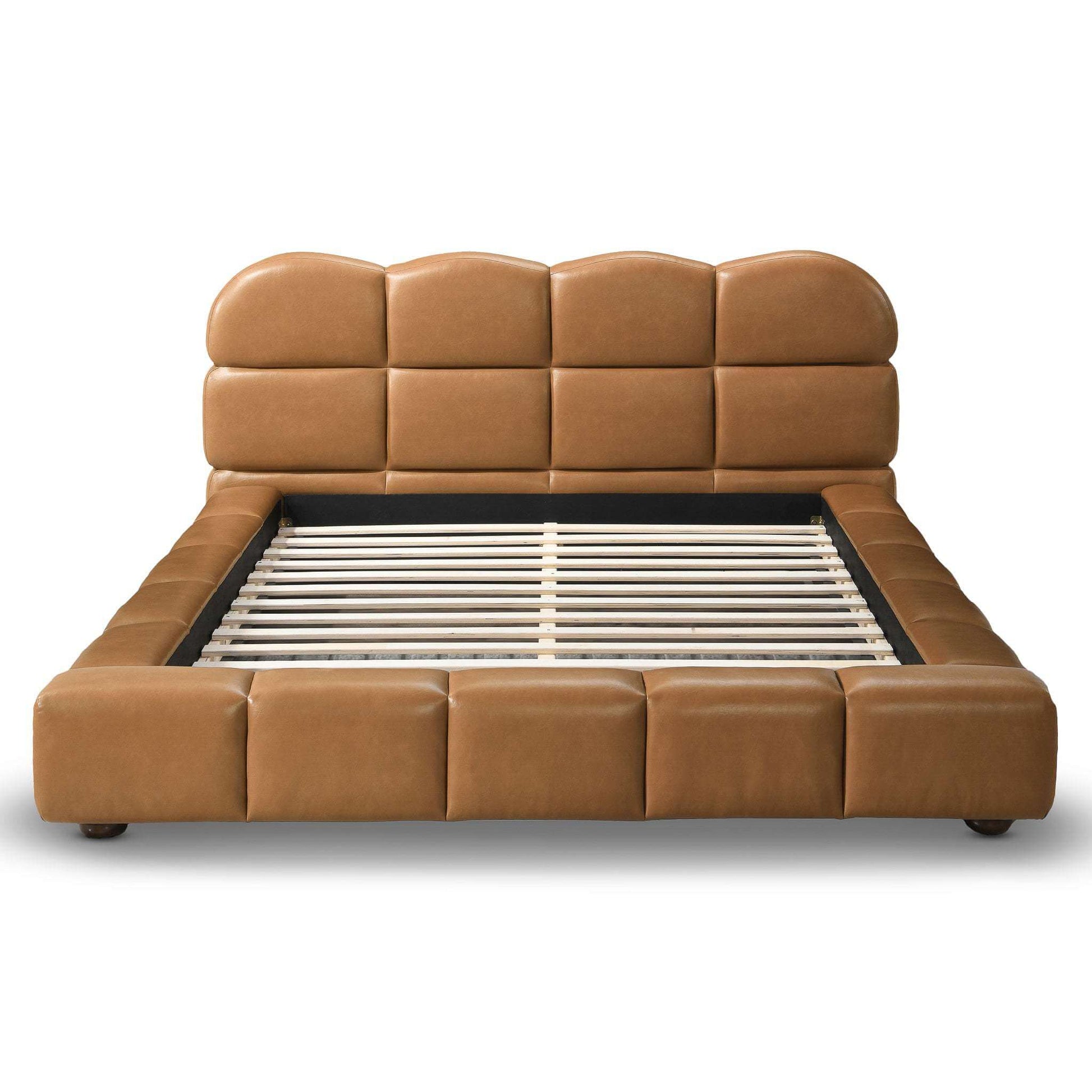 Roswell Vegan Leather Platform Bed – Biscuit Tufted Headboard (Queen / King, Tan) with wooden slats.