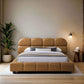 Roswell Vegan Leather Platform Bed – Biscuit Tufted Headboard (Queen / King, Tan) in modern bedroom setting.