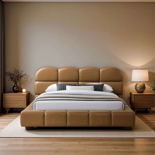Roswell Vegan Leather Platform Bed – Biscuit Tufted Headboard (Queen / King, Tan) in a modern bedroom setting.