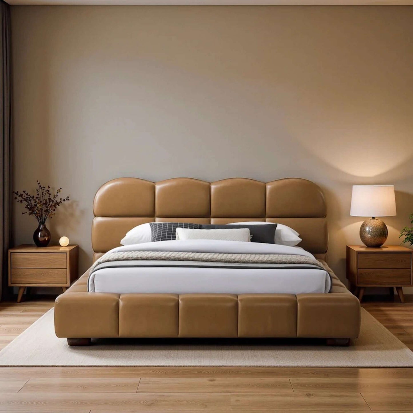 Roswell Vegan Leather Platform Bed – Biscuit Tufted Headboard (Queen / King, Tan) in a modern bedroom setting.