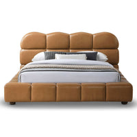Roswell Vegan Leather Platform Bed – Biscuit Tufted Headboard (Queen / King, Tan) with modern design and tufted headboard.