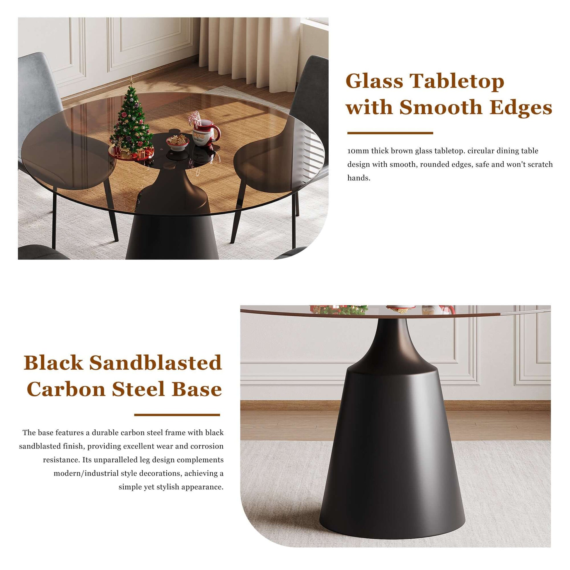 Round Mid-Century Modern Dining Table with Glass Top 35" showcasing glass tabletop and black sandblasted carbon steel base.