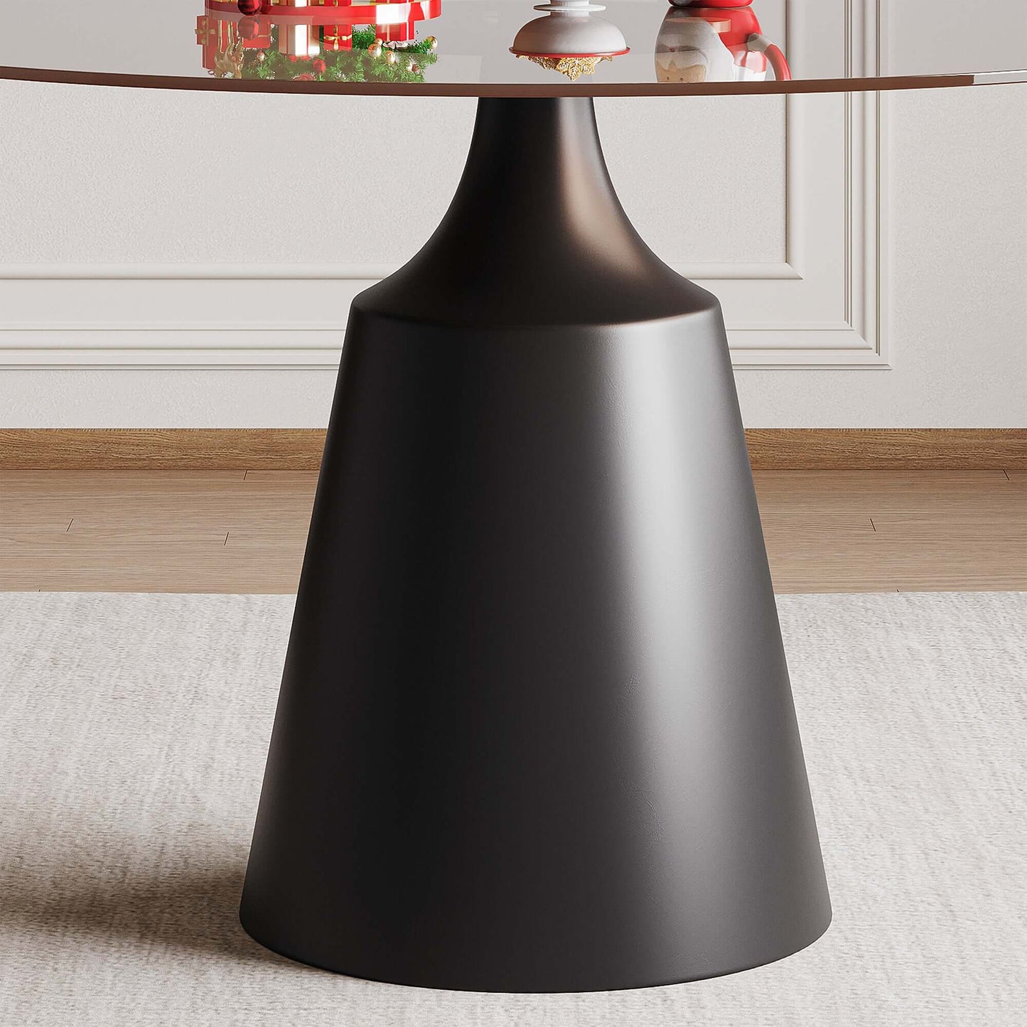 Round Mid-Century Modern Dining Table with Glass Top 35" featuring a sleek black sculptural pedestal base.