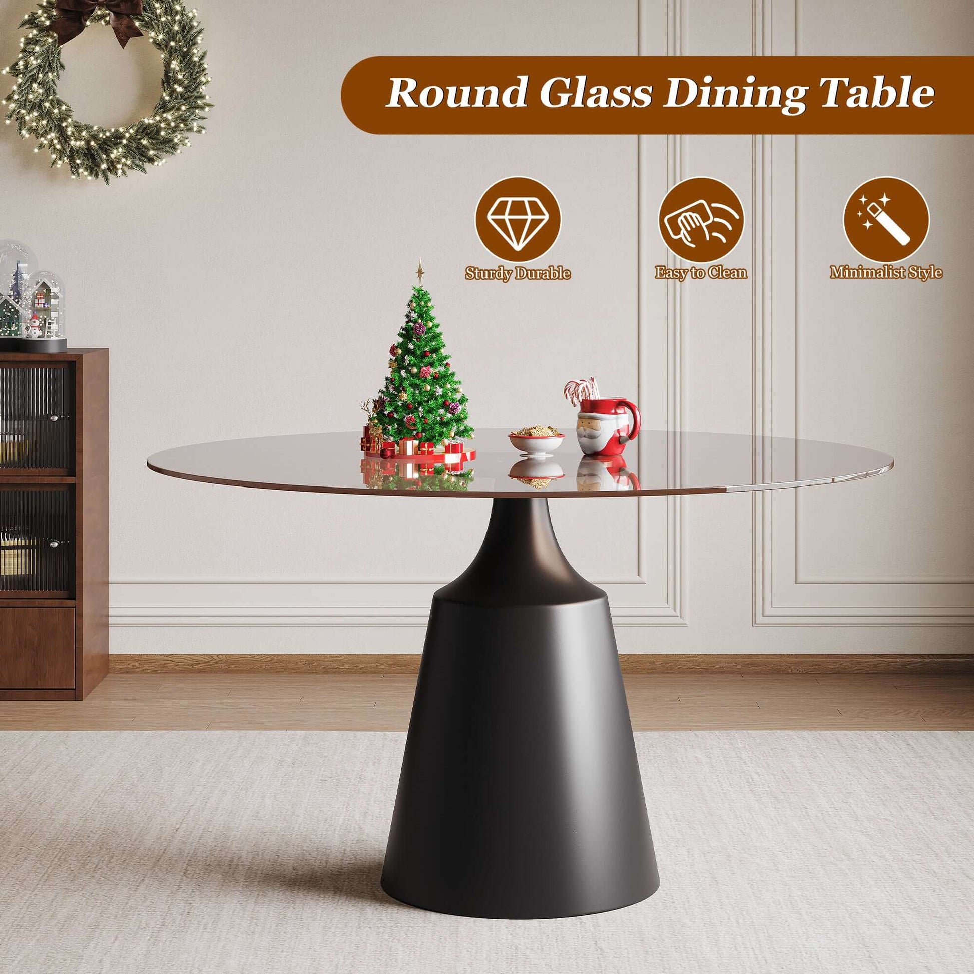 Round Mid-Century Modern Dining Table with Glass Top 35" featuring a sleek design and black pedestal base.