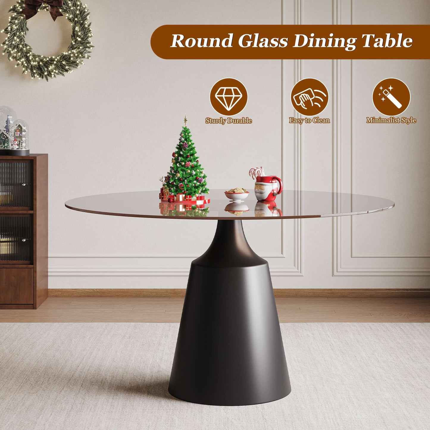 Round Mid-Century Modern Dining Table with Glass Top 35" featuring a sleek design and black pedestal base.