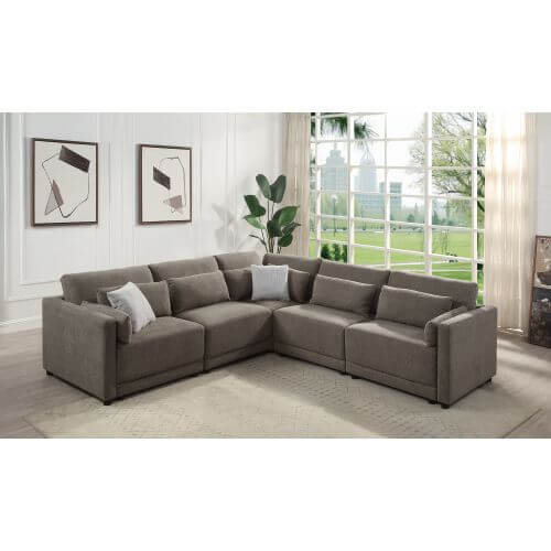 Rylie Brown Linen Modular Sectional Sofa – 144” Couch with Pillows (2 Sizes) in modern living room setting.