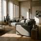 Rylie Brown Linen Modular Sectional Sofa – 144” Couch with Pillows (2 Sizes) in a modern living room setting.