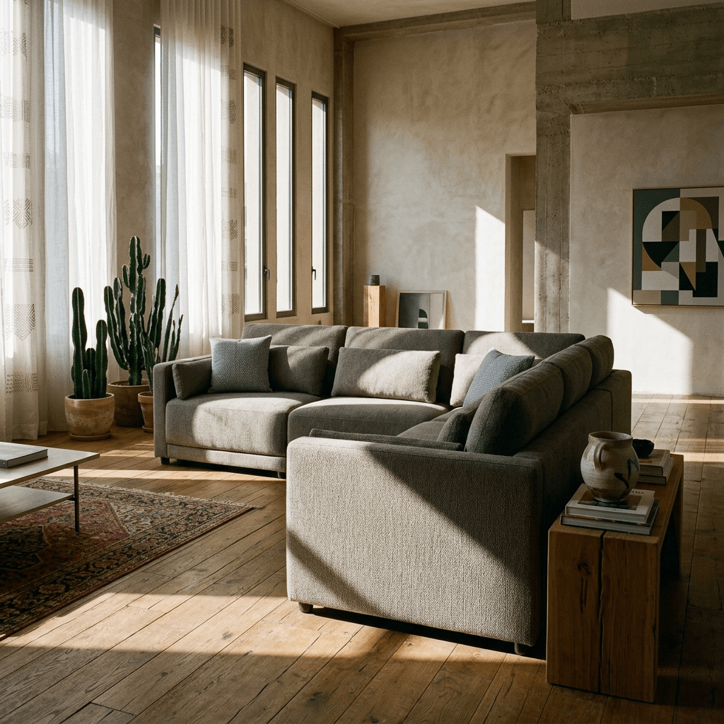 Rylie Brown Linen Modular Sectional Sofa – 144” Couch with Pillows (2 Sizes) in a modern living room setting.