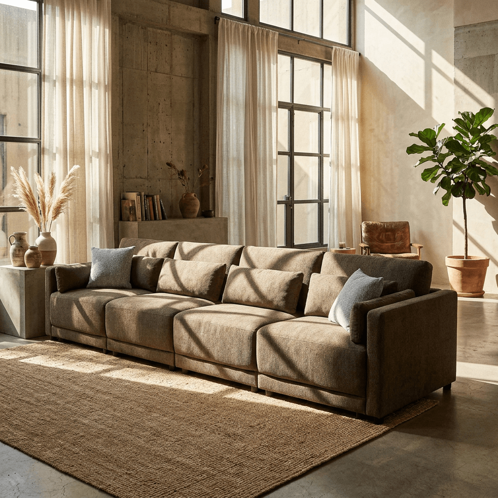 Rylie Brown Linen Modular Sectional Sofa – 144” Couch with Pillows (2 Sizes) in a modern living room setting.