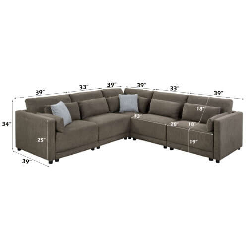 Rylie Brown Linen Modular Sectional Sofa – 144” Couch with Pillows (2 Sizes) dimensions and design layout