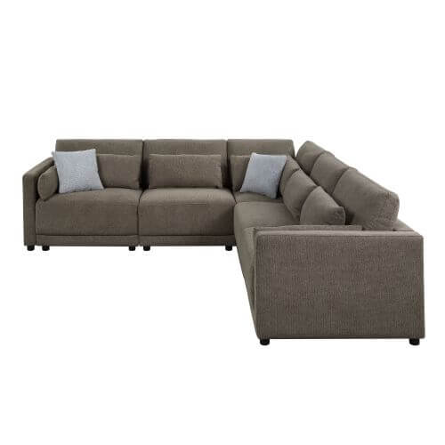 Rylie Brown Linen Modular Sectional Sofa – 144” Couch with Pillows (2 Sizes) in a modern living room setting.