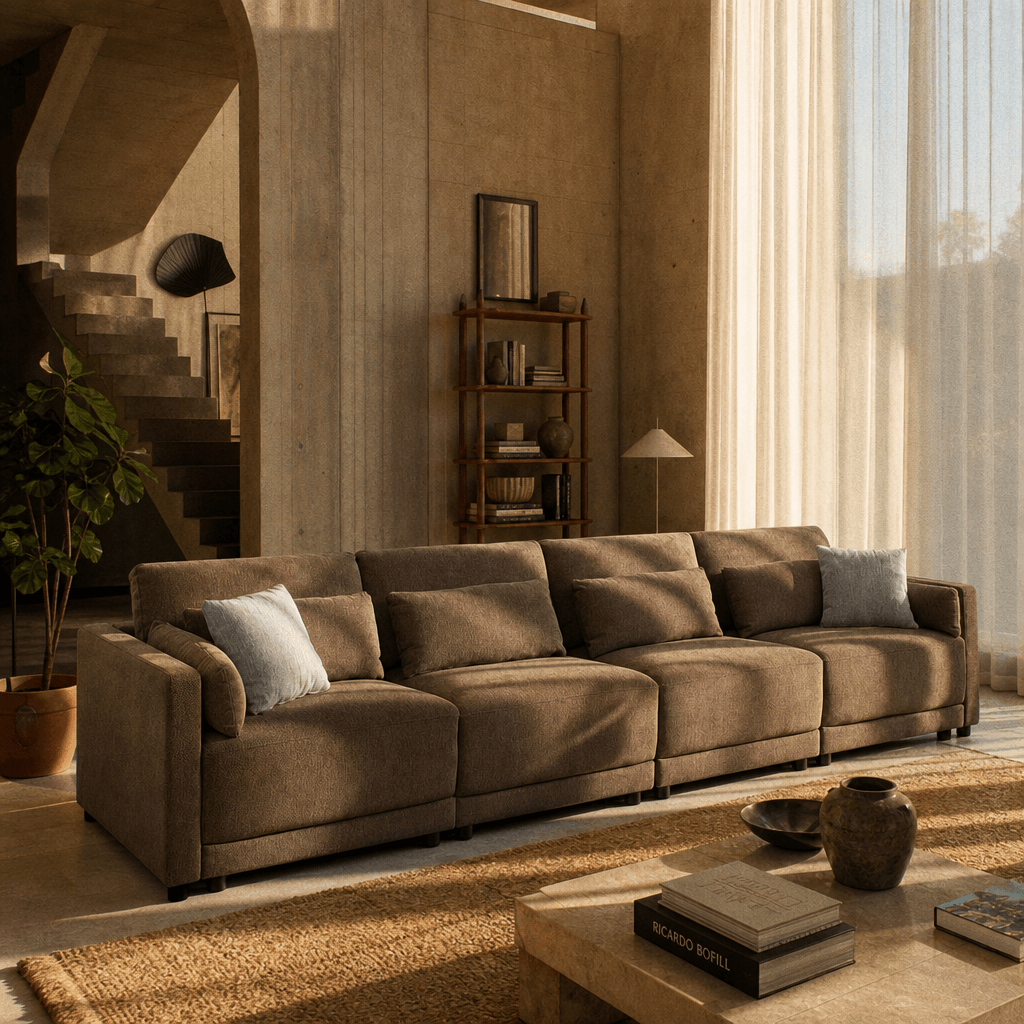 Rylie Brown Linen Modular Sectional Sofa – 144” Couch with Pillows (2 Sizes) in a modern living space.