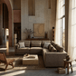 Rylie Brown Linen Modular Sectional Sofa – 144” Couch with Pillows (2 Sizes) in a modern living room setting.