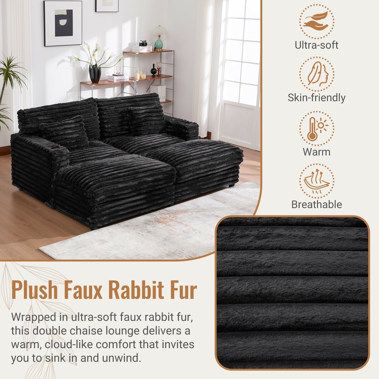 Sabine Faux Fur Double Chaise Sofa – 82" Oversized Lounge Sofa – view 14