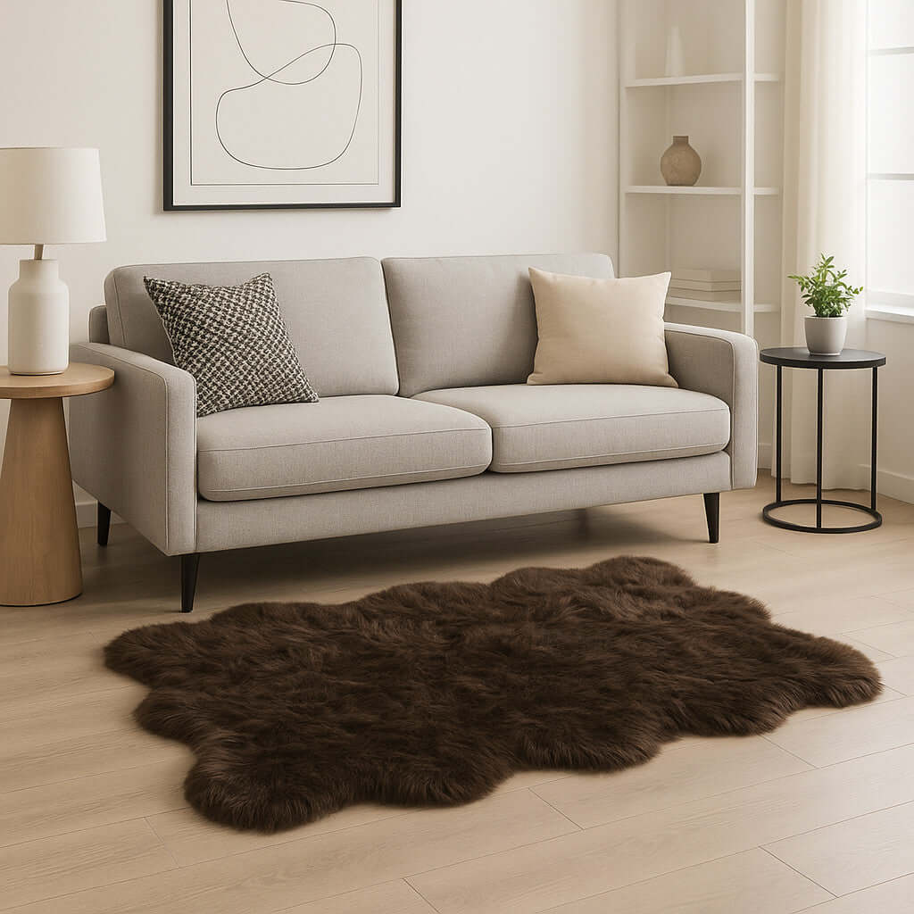 Scalloped faux fur shag rug 6'x6' in a cozy living room setting with modern furniture.